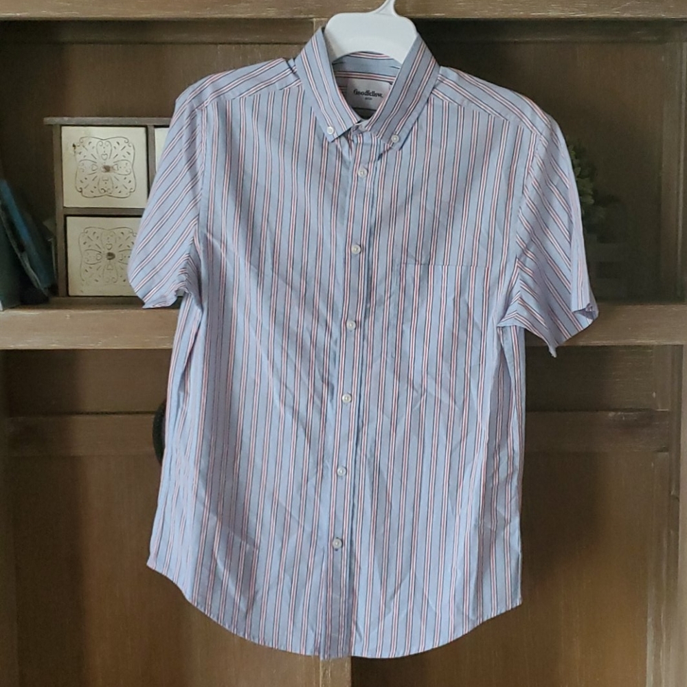 Blue button down shirt with orange and white strip